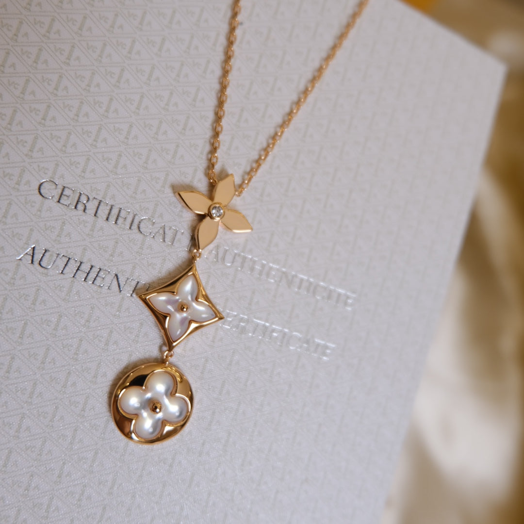 [Okajuri Jewelry]COLOR BLOSSOM LARIAT NECKLACE PINK GOLD WHITE MOTHER PEARL AND DIAMOND