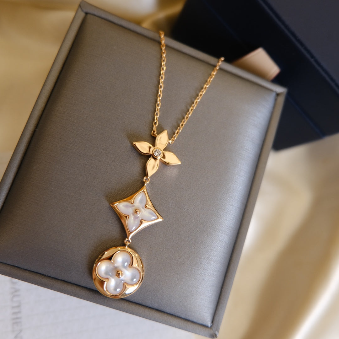 [Okajuri Jewelry]COLOR BLOSSOM LARIAT NECKLACE PINK GOLD WHITE MOTHER PEARL AND DIAMOND