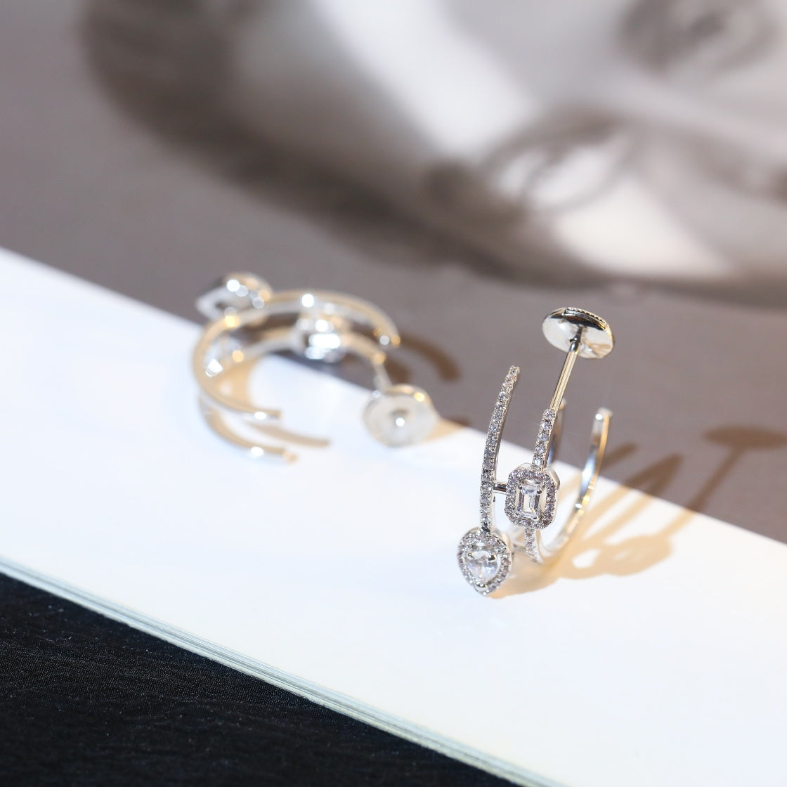 [Okajuri Jewelry]CREOLES MY TWIN 2 RANGS SILVER DIAMOND EARRINGS