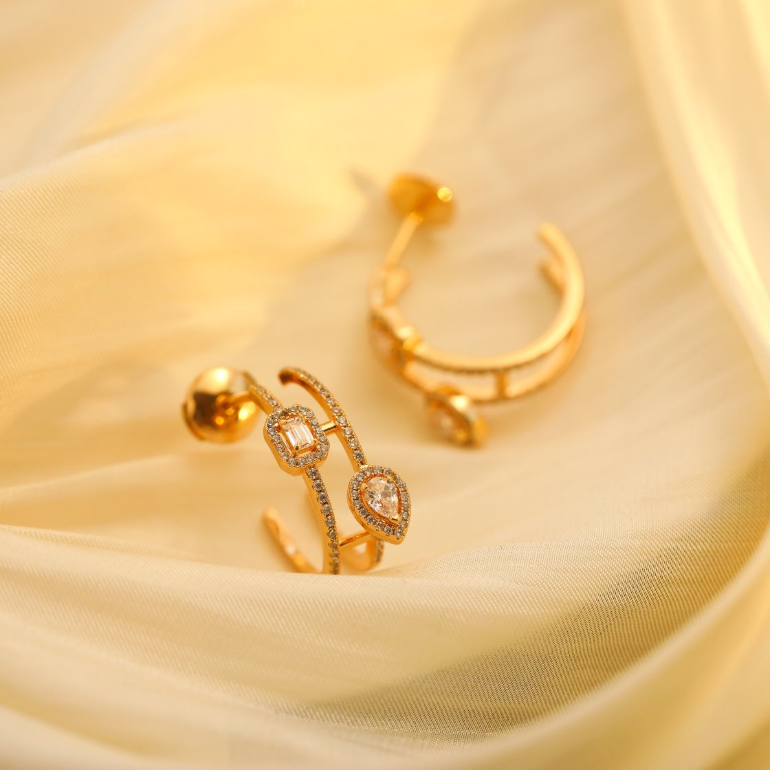 [Okajuri Jewelry]CREOLES MY TWIN 2 RANGS SILVER DIAMOND EARRINGS
