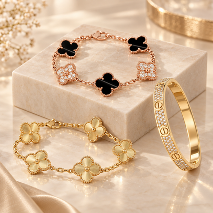 [Oakjuri™ Jewelry] ]Clover Laser  Pulsar Stone 5-Motif & LOVE Diamond-Paved Bracelet Stack Set