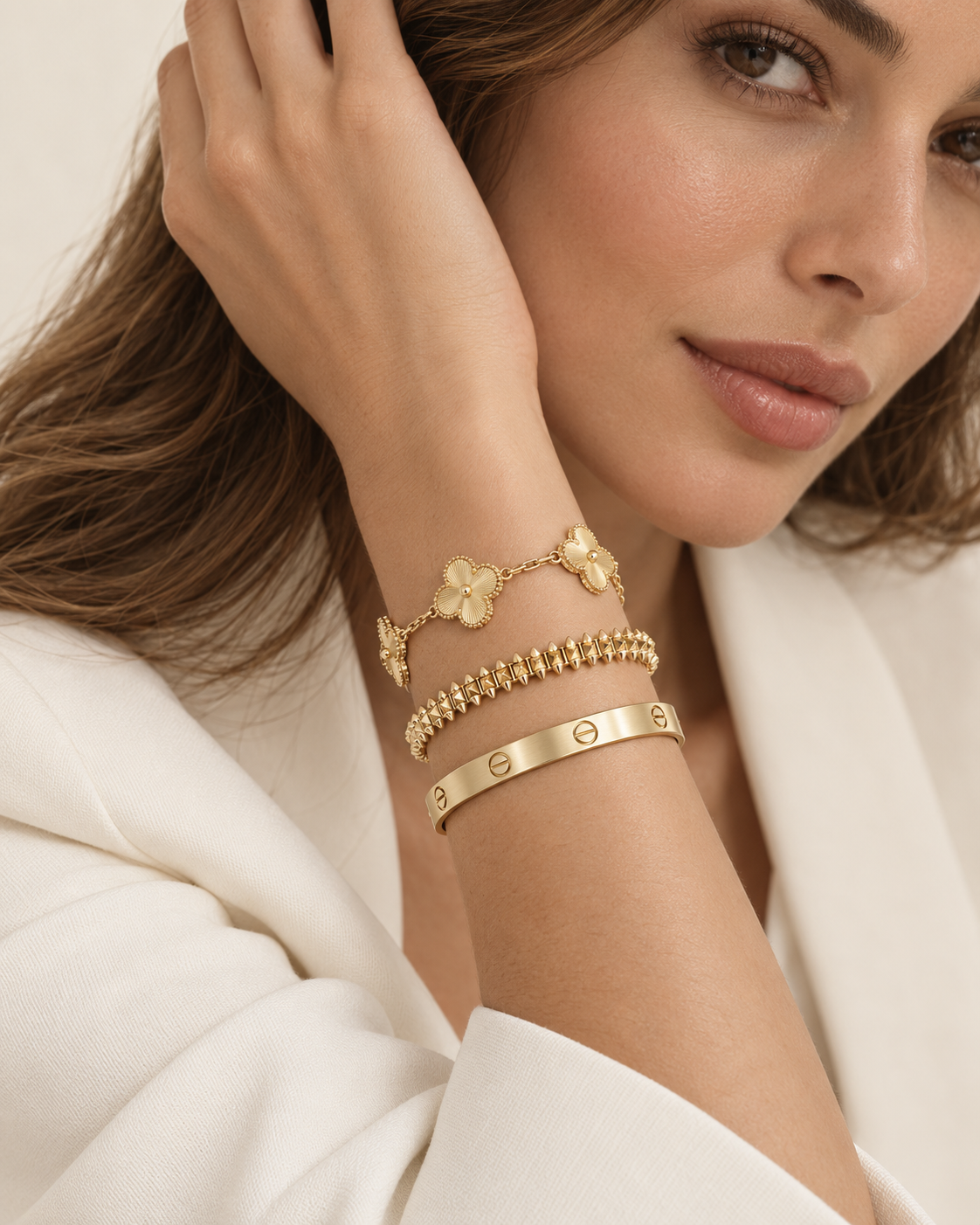 [Oakjuri™ Jewelry] ] CLASH & Clover Laser 5-Motif & LOVE Brushed Bracelet Stack Set