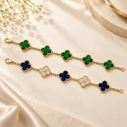 [Oakjuri™ Jewelry] ]Clover 5-Motif Malachite & Pietersite Bracelet Stack Set