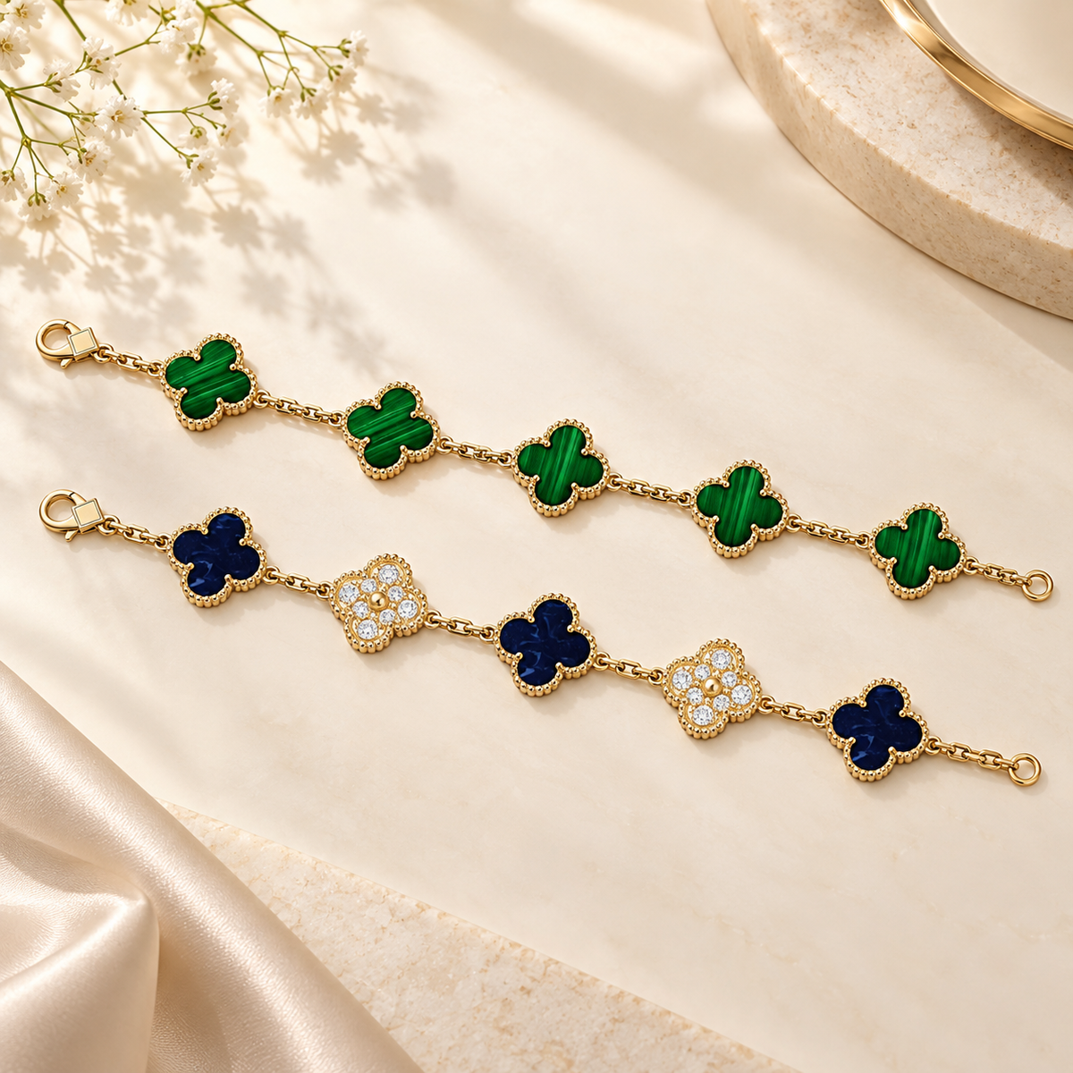[Oakjuri™ Jewelry] ]Clover 5-Motif Malachite & Pietersite Bracelet Stack Set