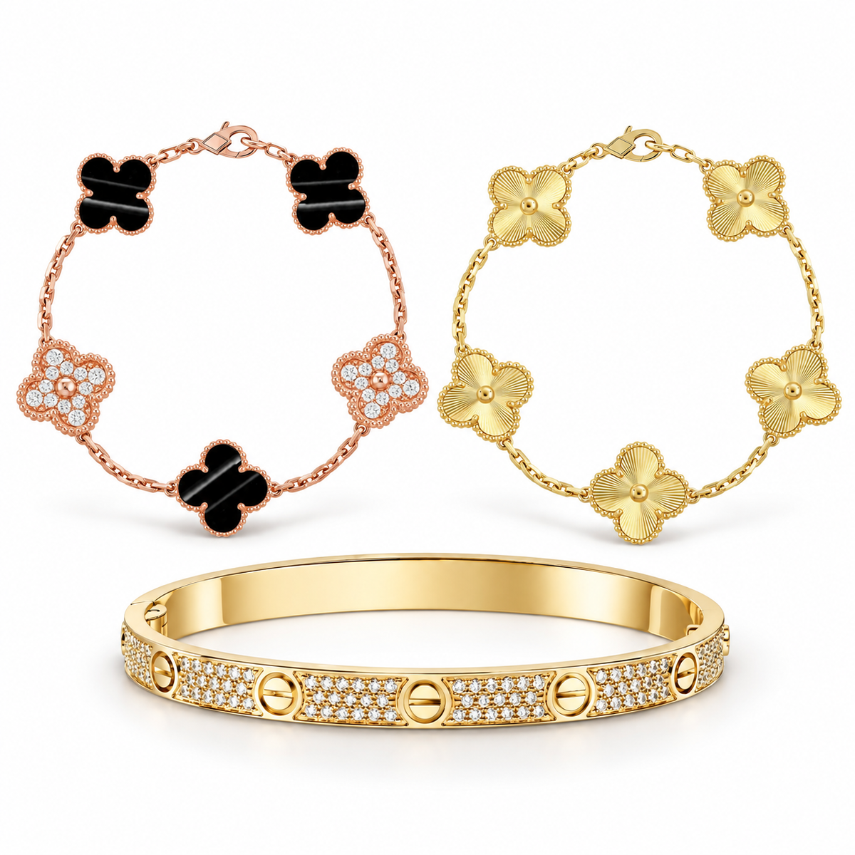 [Oakjuri™ Jewelry] ]Clover Laser  Pulsar Stone 5-Motif & LOVE Diamond-Paved Bracelet Stack Set