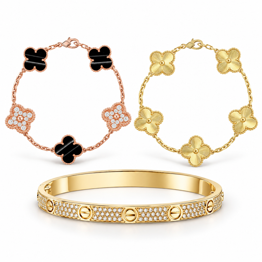 [Oakjuri™ Jewelry] ]Clover Laser  Pulsar Stone 5-Motif & LOVE Diamond-Paved Bracelet Stack Set