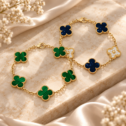 [Oakjuri™ Jewelry] ]Clover 5-Motif Malachite & Pietersite Bracelet Stack Set