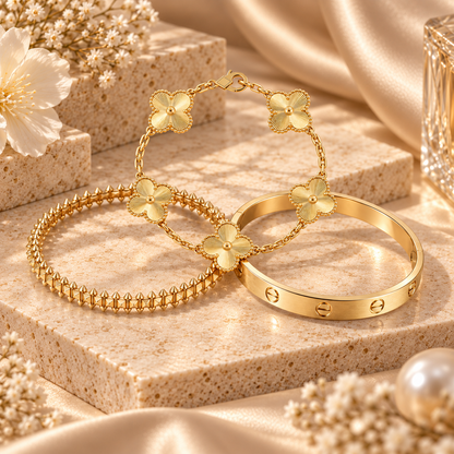 [Oakjuri™ Jewelry] ] CLASH & Clover Laser 5-Motif & LOVE Brushed Bracelet Stack Set