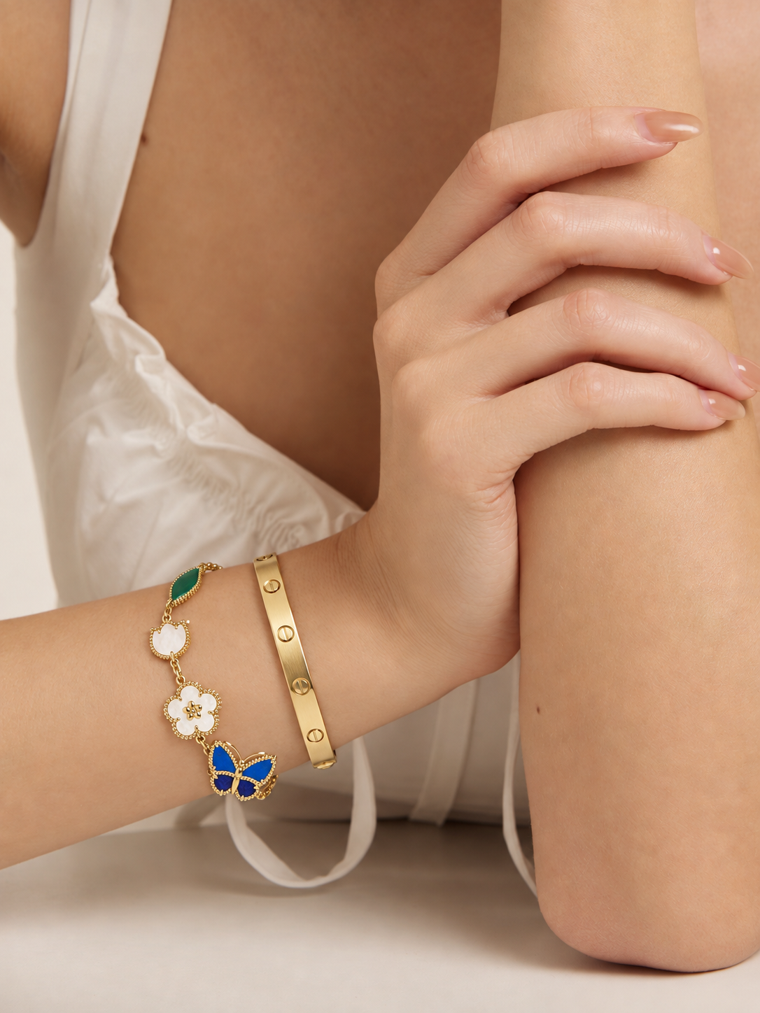 [Oakjuri™ Jewelry] ] LOVE Brushed & Lucky Spring Butterfly 5-Motif Bracelet Stack Set