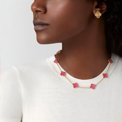 [Okajuri™ Jewelry] NEW CLOVER 10 MOTIFS PINK ENAMEL NECKLACE
