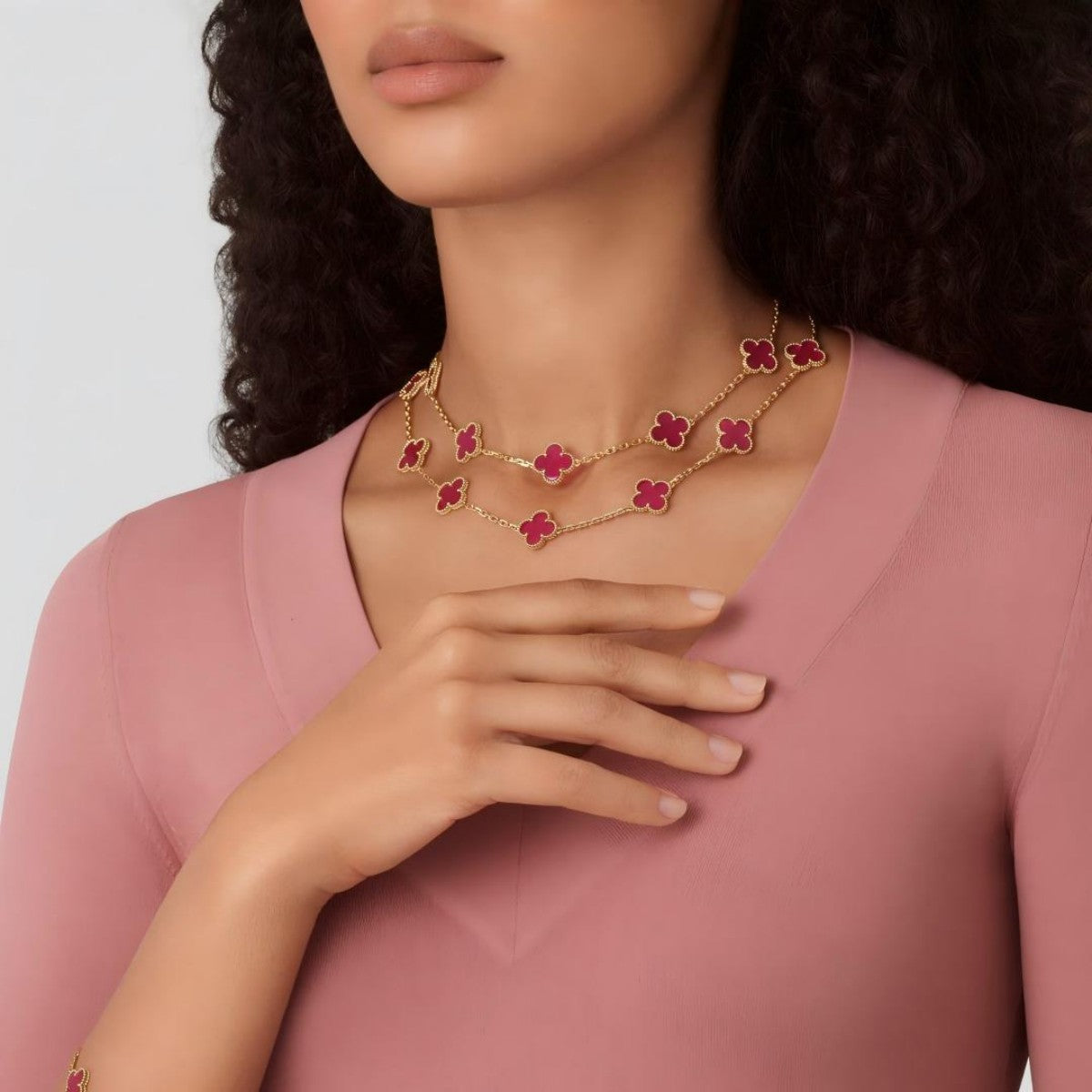 [Oakjuri™ Jewelry] ]Clover Pink Enamel Necklace & Earring Jewelry Set