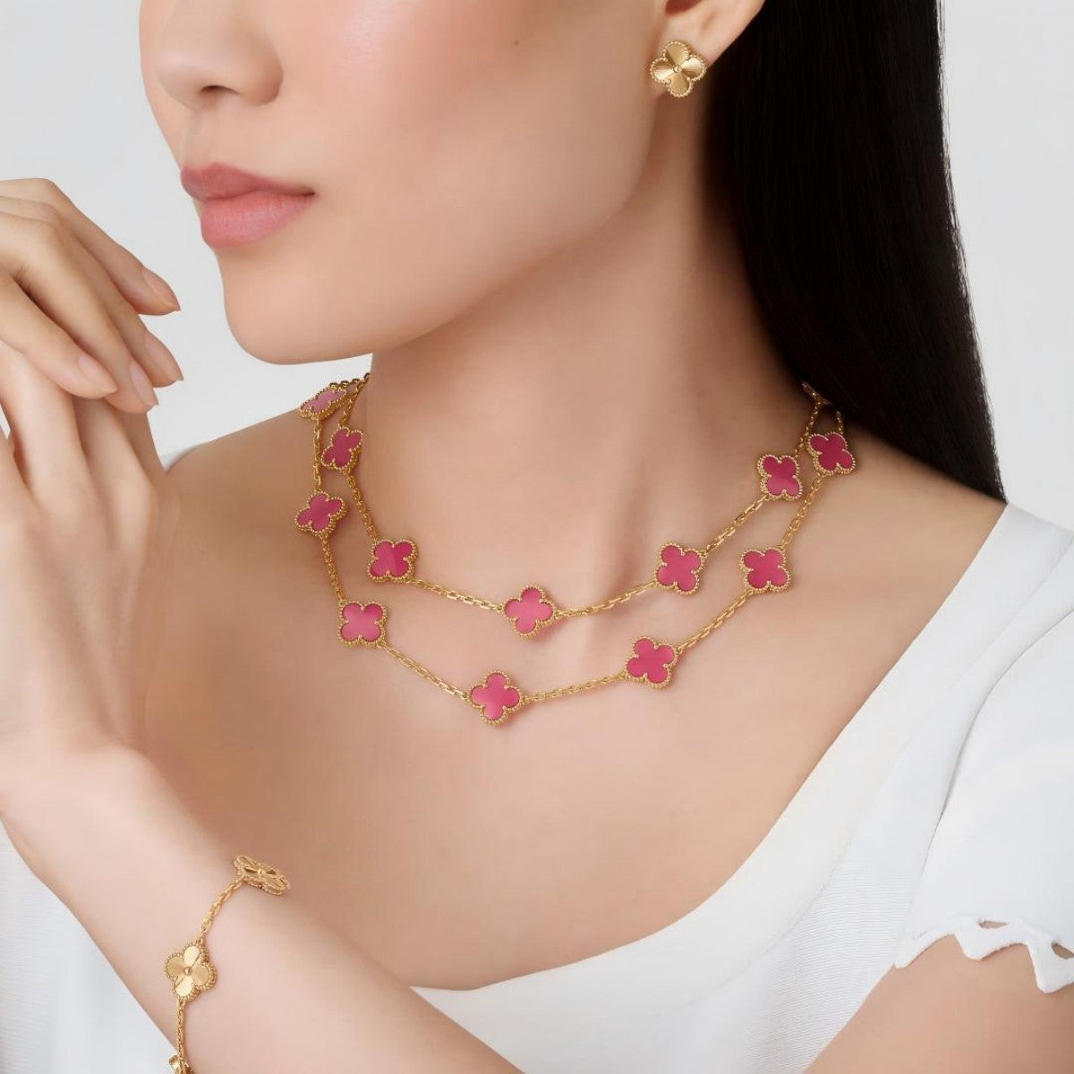 [Oakjuri™ Jewelry] ]Clover Pink Enamel Necklace & Earring Jewelry Set