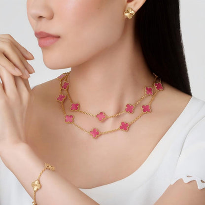 [Oakjuri™ Jewelry] ]Clover Pink Enamel Necklace & Earring Jewelry Set