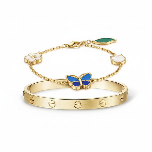 [Oakjuri™ Jewelry] ] LOVE Brushed & Lucky Spring Butterfly 5-Motif Bracelet Stack Set