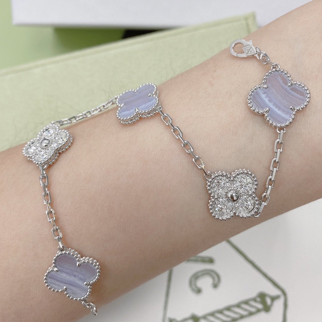 [Okajuri Jewelry]CLOVER  5 MOTIF DIAMOND PURPLE CHALCEDONY BRACELET SILVER