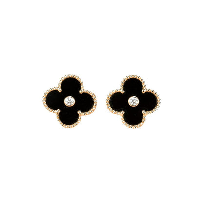 [Okajuri Jewelry]CLOVER MEDIUM 1 MOTIFS ONYX DIAMOND EARRINGS