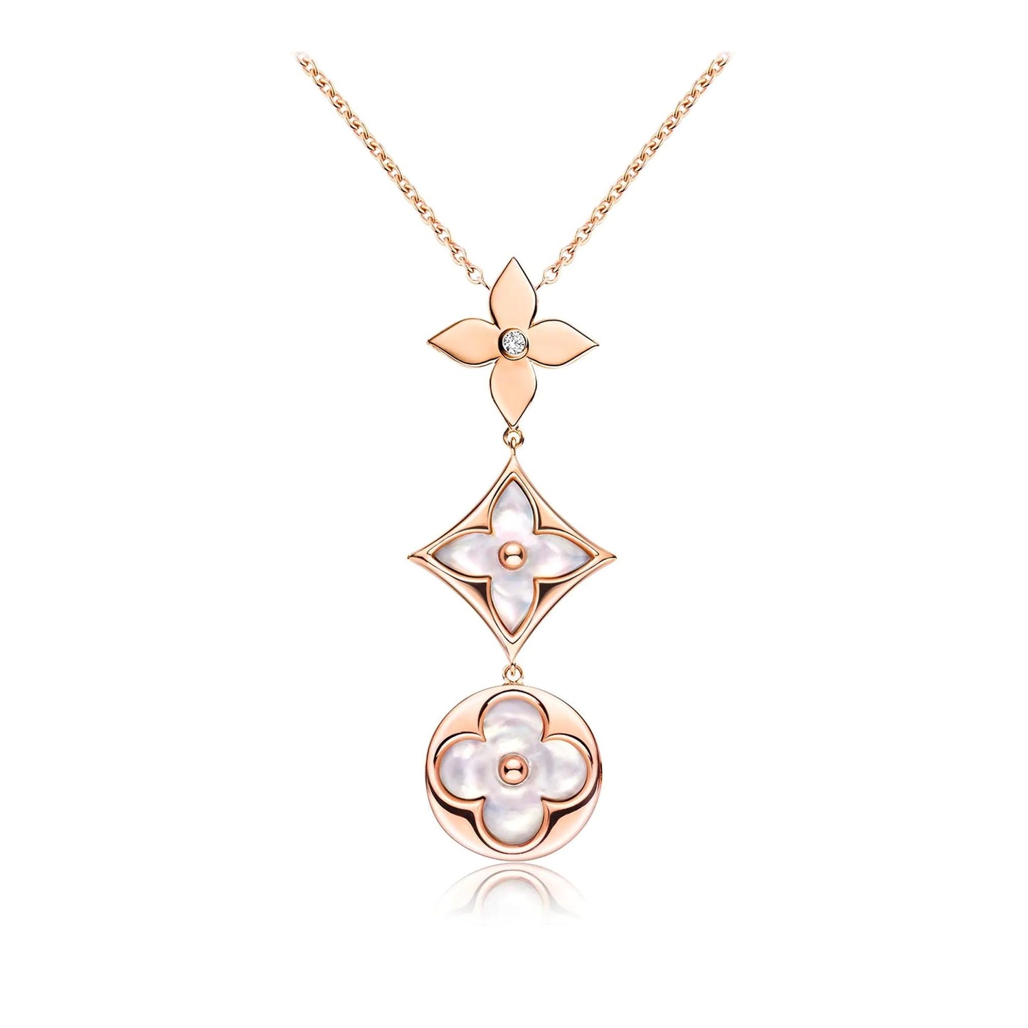 [Okajuri Jewelry]COLOR BLOSSOM LARIAT NECKLACE PINK GOLD WHITE MOTHER PEARL AND DIAMOND