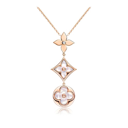 [Okajuri Jewelry]COLOR BLOSSOM LARIAT NECKLACE PINK GOLD WHITE MOTHER PEARL AND DIAMOND