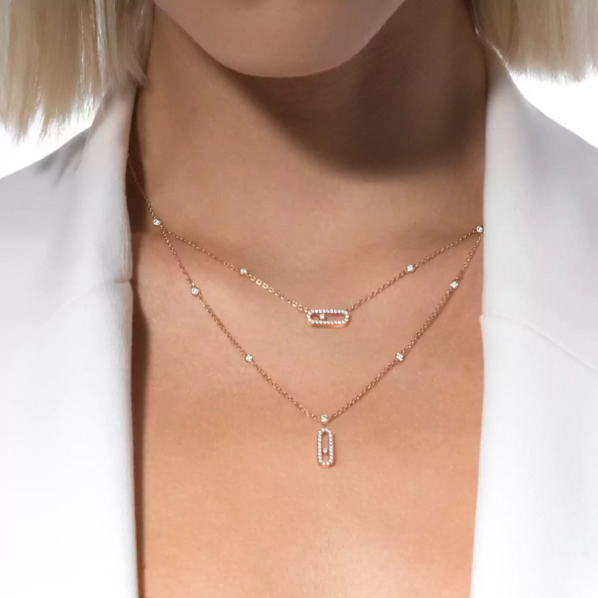 [Okajuri Jewelry]2 Rows Rose Gold Diamond Pave_ Necklace Move Uno