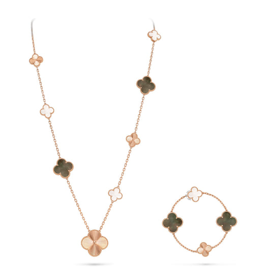 [Okajuri Jewelry]DETACHABLE CLOVER 15(11+4) FLOWER ROSE GOLD NECKLACE SET