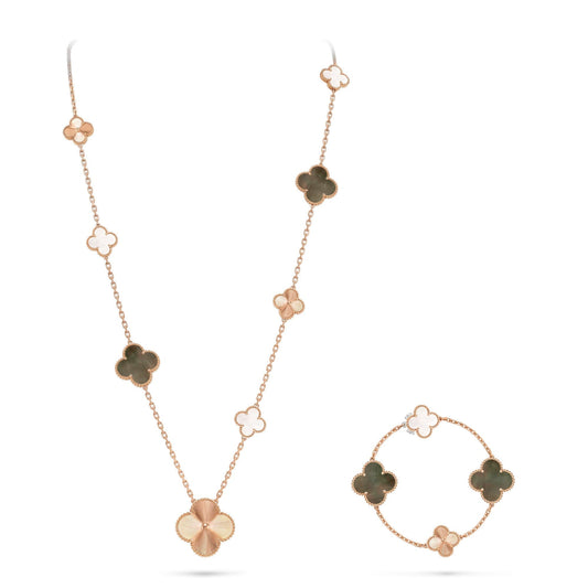 [Okajuri Jewelry] DETACHABLE CLOVER 15(11+4) FLOWER ROSE GOLD NECKLACE SET