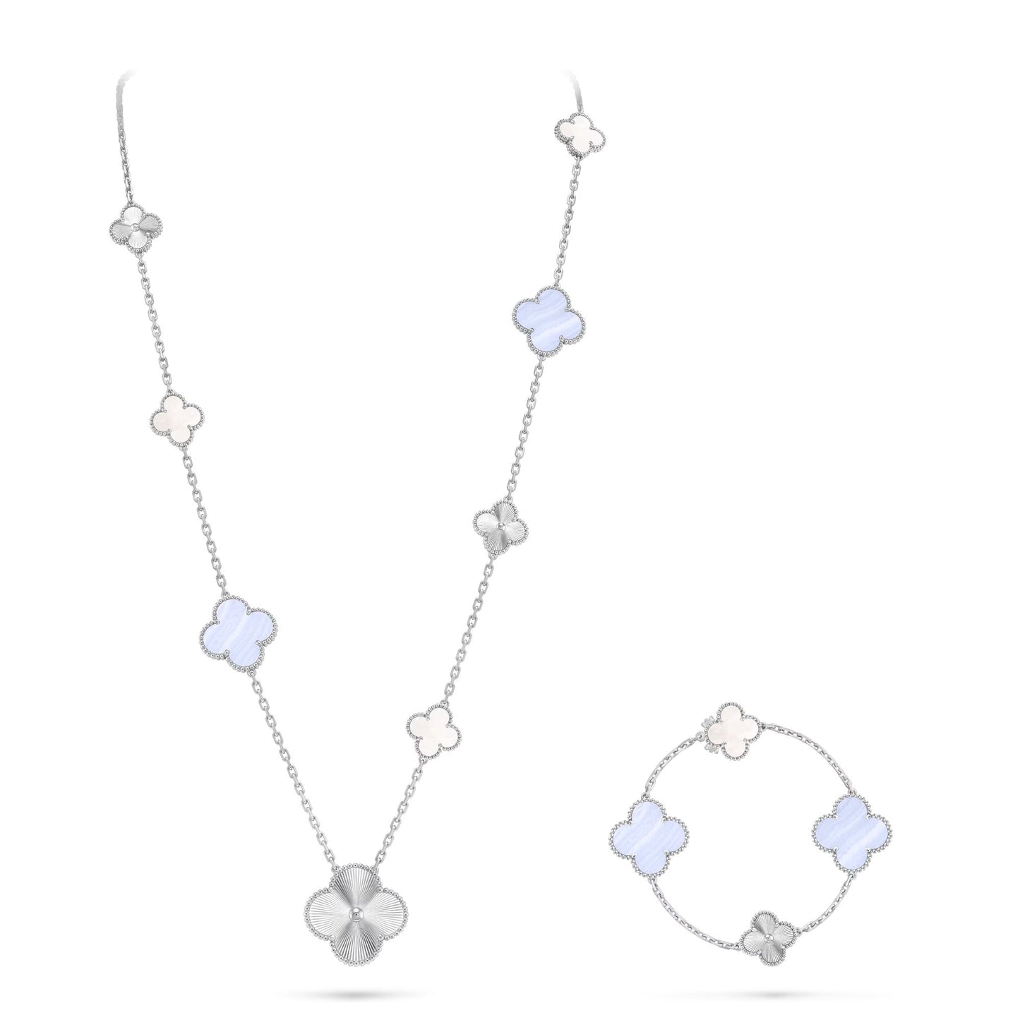[Okajuri Jewelry]DETACHABLE CLOVER 15(11+4) FLOWER SILVER NECKLACE SET