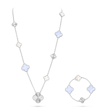 [Okajuri Jewelry] DETACHABLE CLOVER 15(11+4) FLOWER SILVER NECKLACE SET