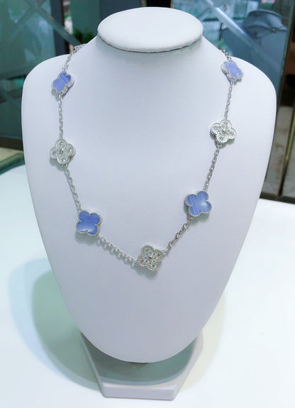 [Okajuri Jewelry]CLOVER 10 MOTIFS CHALCEDONY DIAMONDS SILVER NECKLACE
