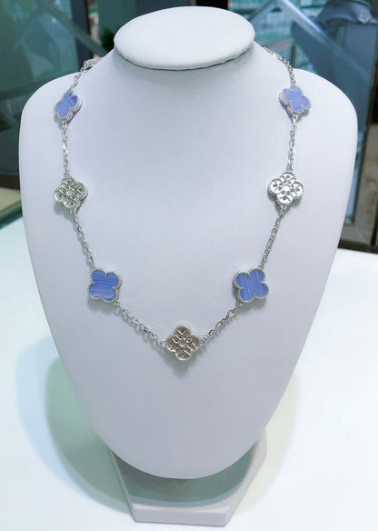 [Okajuri Jewelry]CLOVER 10 MOTIFS CHALCEDONY DIAMONDS SILVER NECKLACE