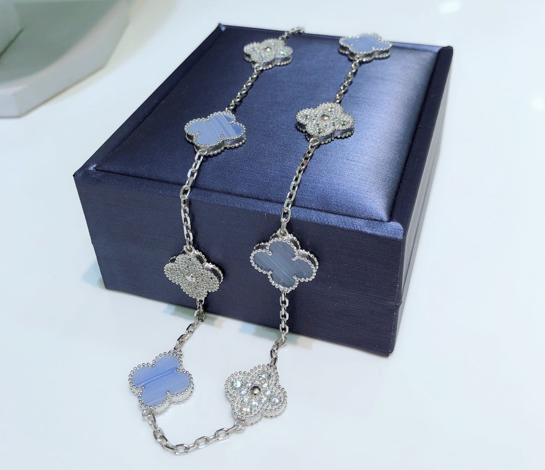 [Okajuri Jewelry]CLOVER 10 MOTIFS CHALCEDONY DIAMONDS SILVER NECKLACE