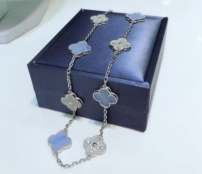[Okajuri Jewelry]CLOVER 10 MOTIFS CHALCEDONY DIAMONDS SILVER NECKLACE