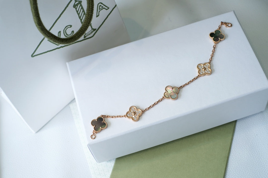 [Okajuri Jewelry]CLOVER 5 MOTIFS DARK MOP AND DIAMONDS PINK GOLD BRACELET