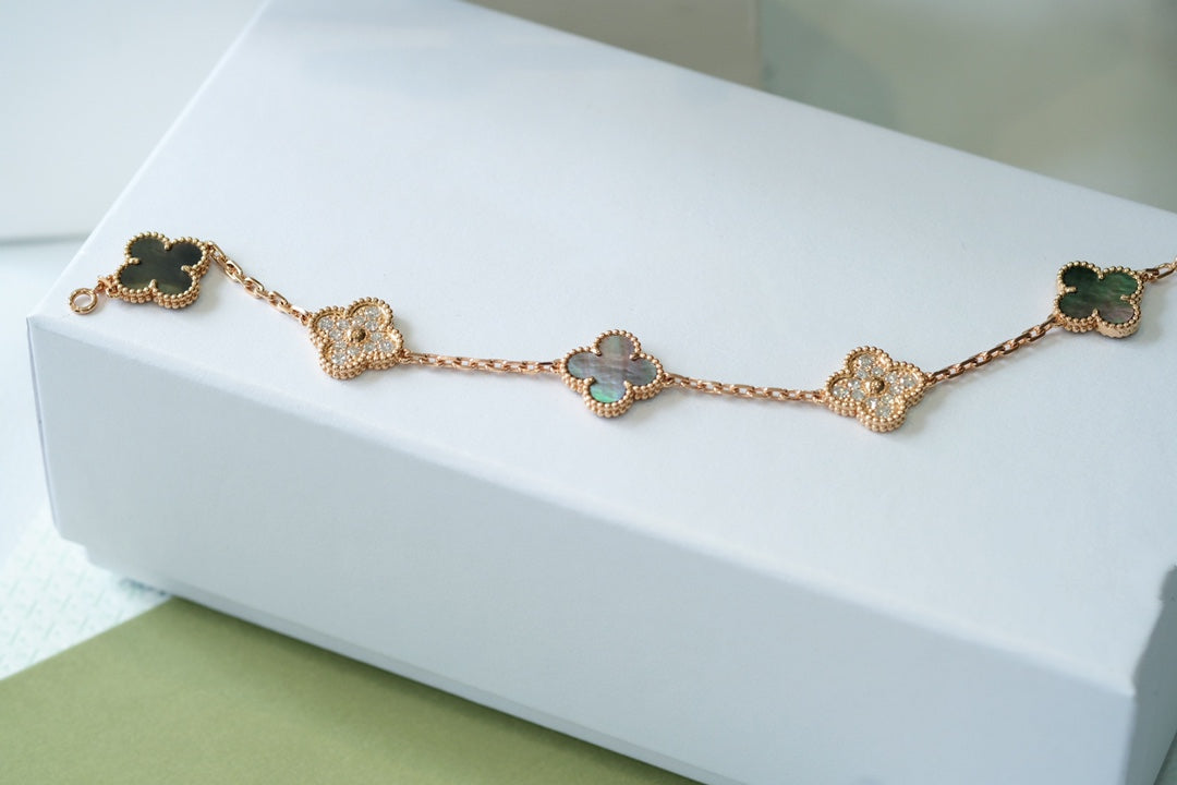 [Okajuri Jewelry]CLOVER 5 MOTIFS DARK MOP AND DIAMONDS PINK GOLD BRACELET