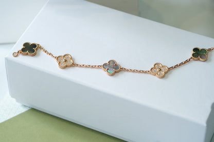 [Okajuri Jewelry]CLOVER 5 MOTIFS DARK MOP AND DIAMONDS PINK GOLD BRACELET