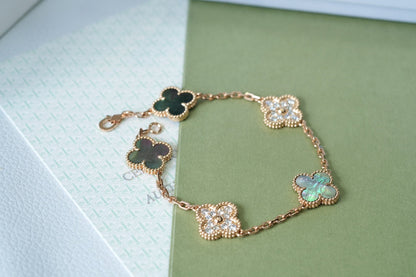[Okajuri Jewelry]CLOVER 5 MOTIFS DARK MOP AND DIAMONDS PINK GOLD BRACELET