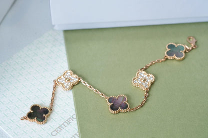 [Okajuri Jewelry]CLOVER 5 MOTIFS DARK MOP AND DIAMONDS PINK GOLD BRACELET